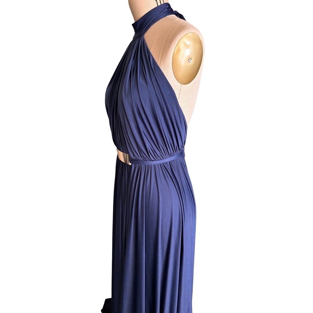 Nicole Bakti Navy Halter Maxi Dress Open Back Gold Belt Formal Gown - Picture 7 of 12